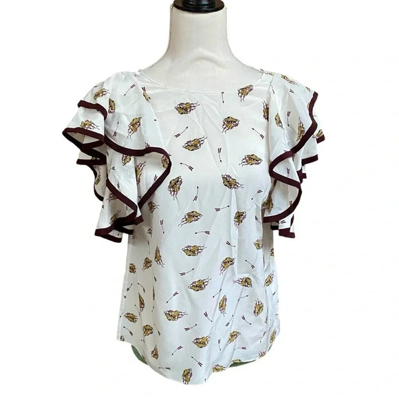 Dorothee Schumacher Silk Flutter Sleeve Blouse Cream Burgundy Trim Size 1 XS - Picture 1 of 14